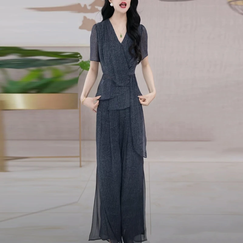 冰莱丝女神范阔腿裤套装2025夏季新款修身显瘦气质短袖时尚两件套