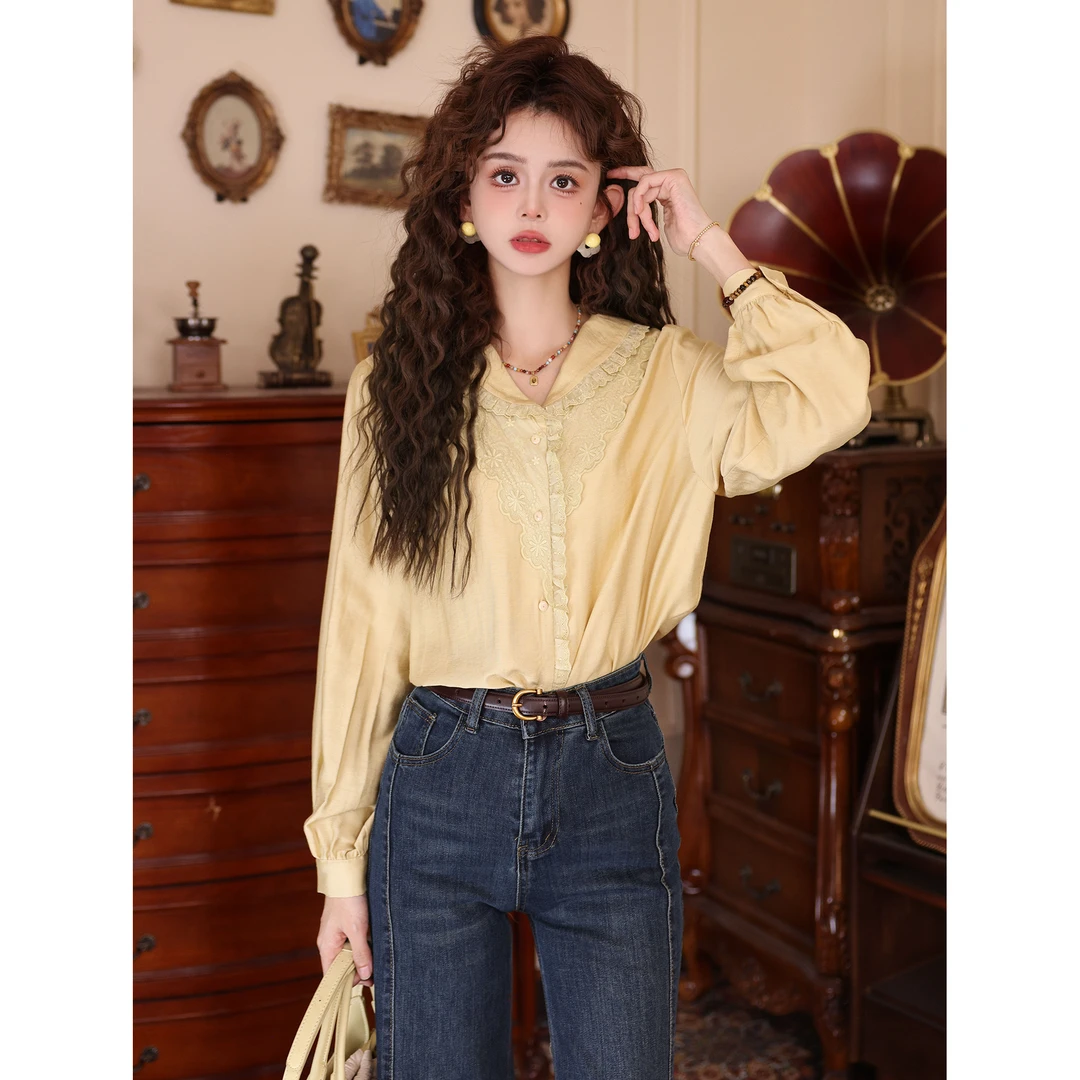 陈大器【微风低诉】港风复古贴布绣气质长袖百搭衬衫JJ1688028