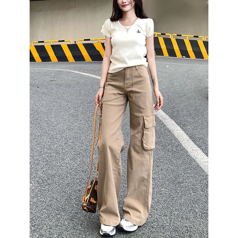 多口袋高腰工装牛仔裤女2025夏季新款街头风休闲宽松显瘦阔腿裤