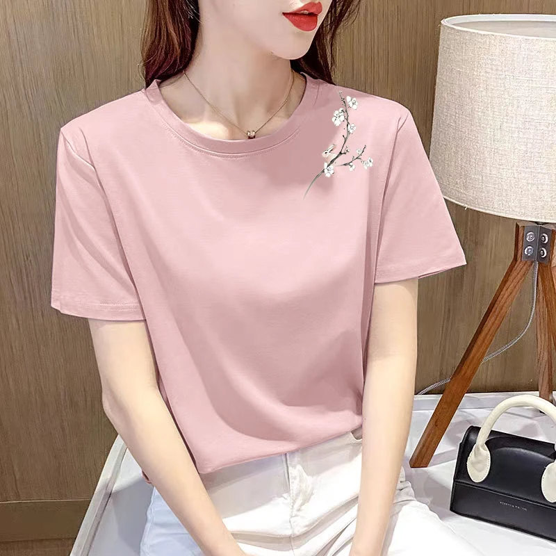 高端百搭灰粉色t恤女短袖宽松中式国风设计体恤夏季2025新款上衣