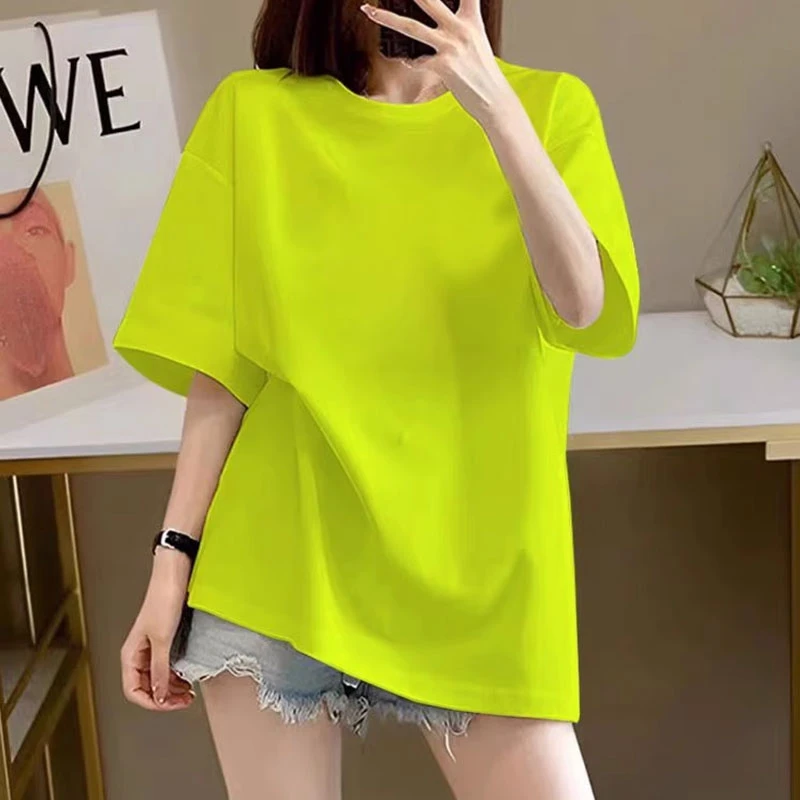 荧光绿大版宽松短袖T恤女简约百搭圆领上衣设计感夏季时尚体桖ins