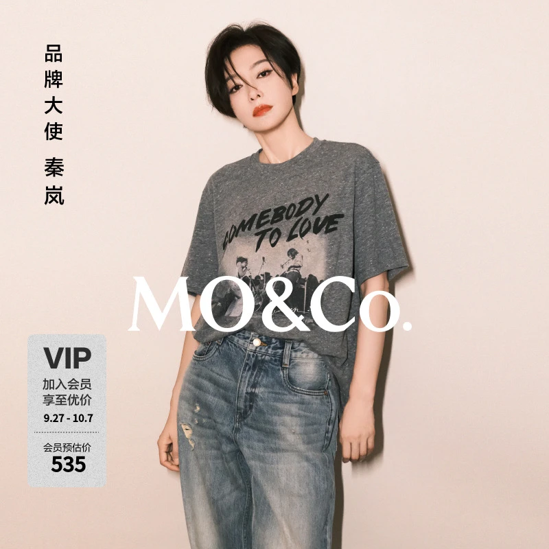 【moco秦岚同款】短袖T恤2025春新品做旧摇滚印花宽松MBE1TEET08