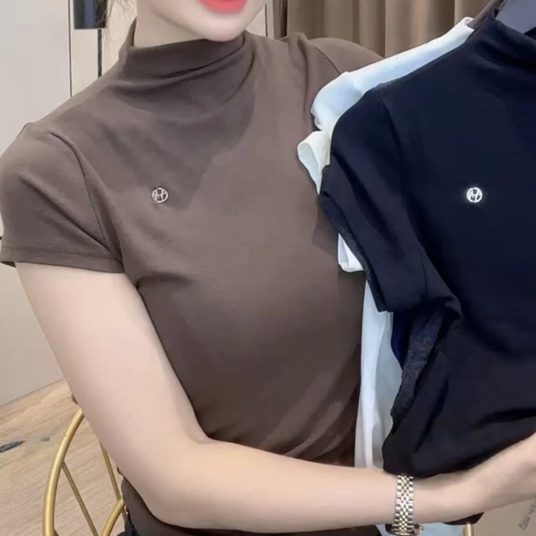 短袖半高领拼接纯色高领T恤时尚打底衫温婉风