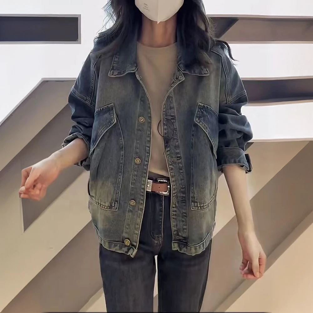 法式复古牛仔短外套女春秋新款上衣欧货大码女装宽松长袖工装夹克