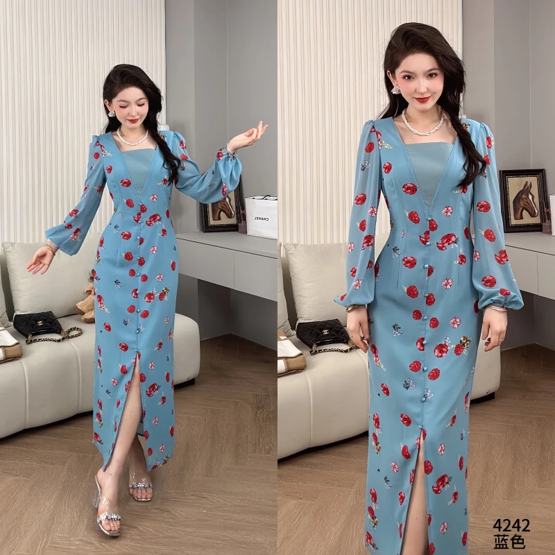 Saeda女装民族风巴旦木花修身开叉连衣裙YF4242