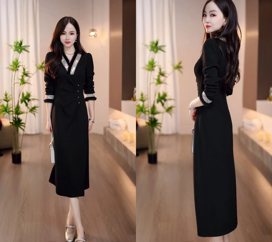 2025秋季新款黑色国风精致轻奢气质优雅大气收腰显瘦连衣裙M-4XL