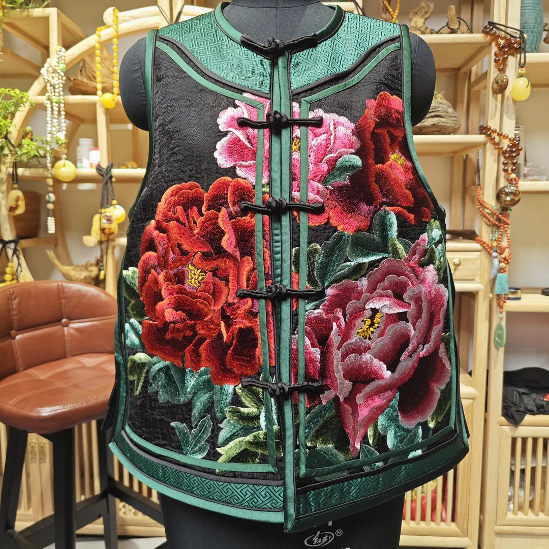 （HM101024）凤徕兮私人定制黑底牡丹刺绣绿色包边对襟盘扣马甲