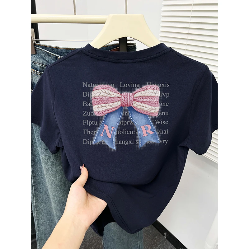 夏季新款韩版时尚减龄前后印花正肩短袖t恤女装洋气别致圆领上衣