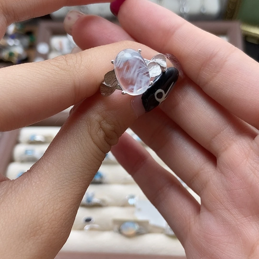 水晶戒指银S925镶嵌不***我蓝针戒指