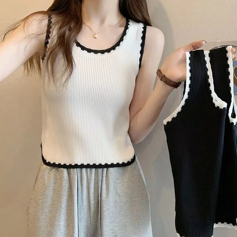 白色吊带背心女2025夏季新款辣妹无袖撞色短款上衣针织外穿打底衫
