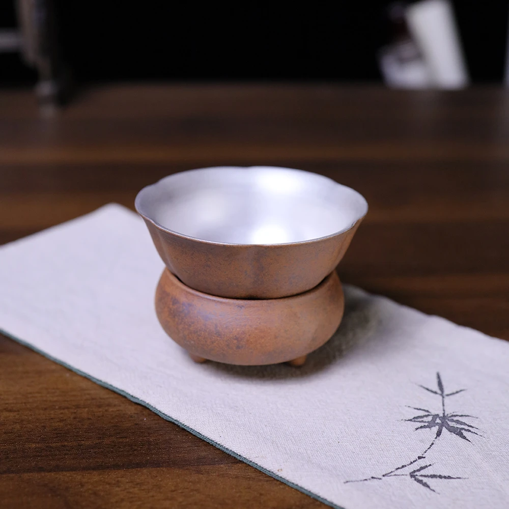 老岩泥三足香炉加鎏银茶漏.6881中式复古原矿无釉裸烧室内熏香炉