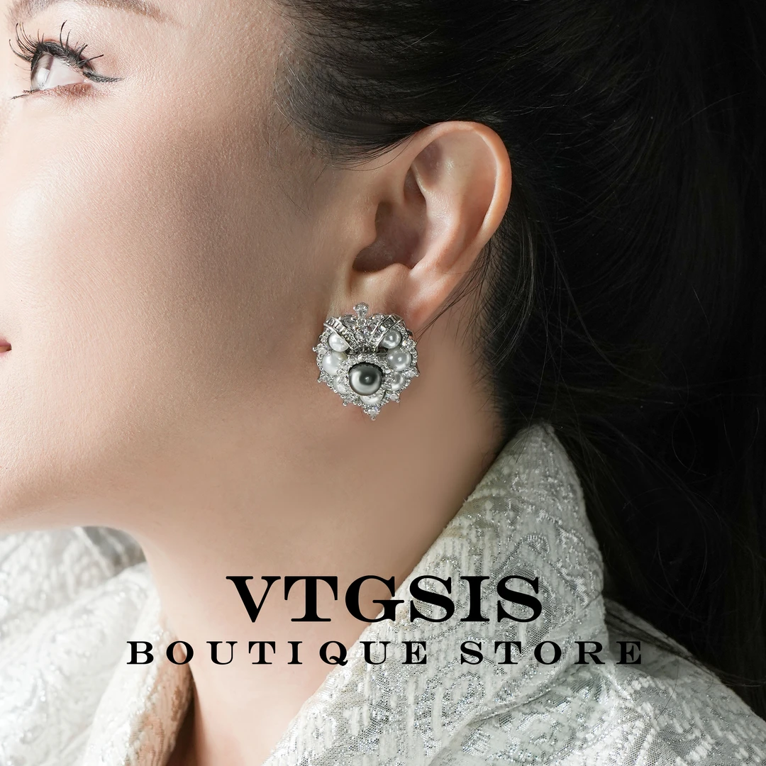 VTGSIS 合金仿珍珠耳饰 国风925银针雪中絮语醒狮耳钉宫廷风22620