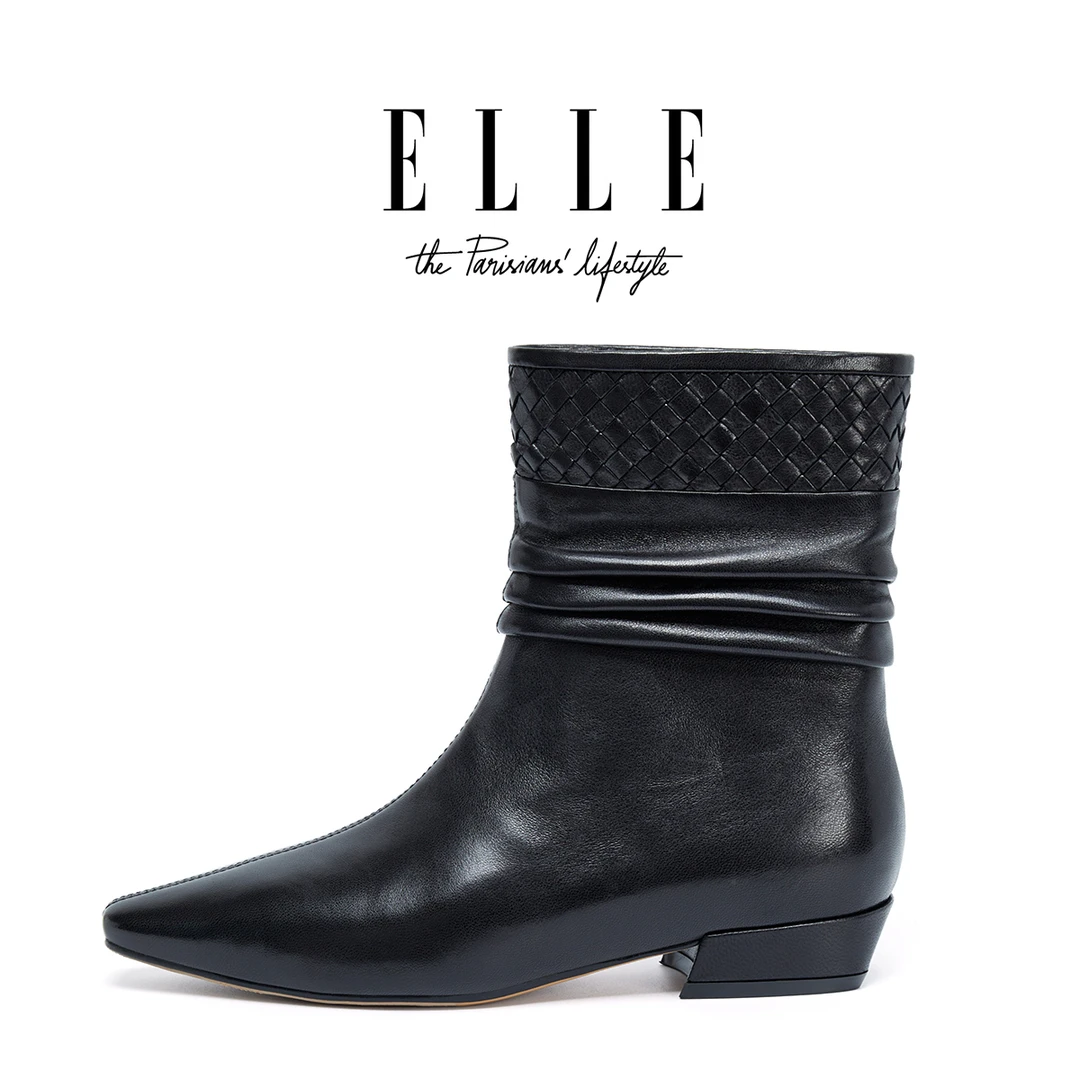 ELLE复古风真皮平底小短靴女2025新款编织褶皱方头低跟显瘦及踝靴