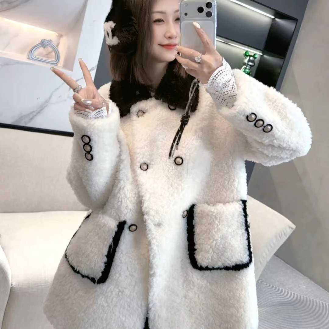 熙薇【半领诗迹】2025冬季新款设计师时尚休闲皮-毛一体一手长H6432