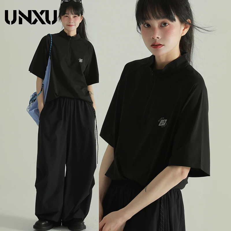 UNXU200g速干面料反光半拉链立领短袖t恤冰丝凉感运动情侣半袖夏