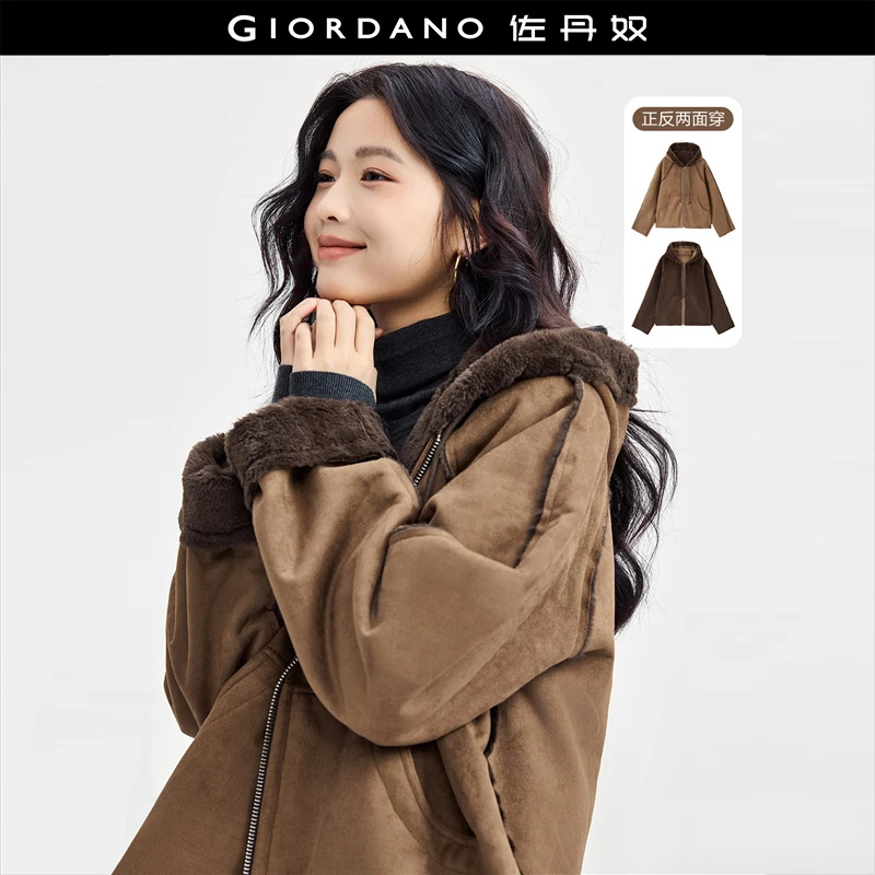 【设计师款】佐丹奴女装双面穿皮毛一体连帽插肩针织外套 18374616