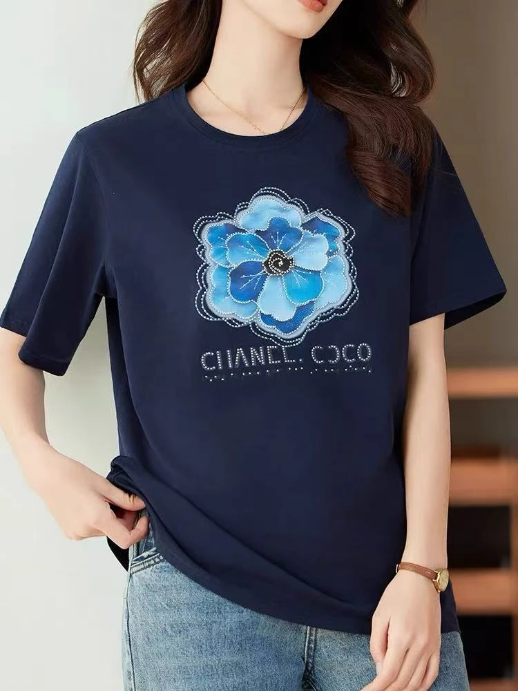 歌诺菲俪时尚气质高级遮肚子轻奢休闲夏季新款100%纯棉圆领宽松