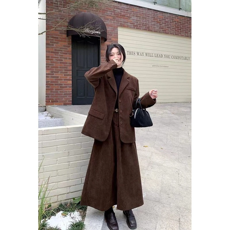 复古大码mm秋冬夹棉加厚高级灯芯绒港风西装两件套气质半身裙套装