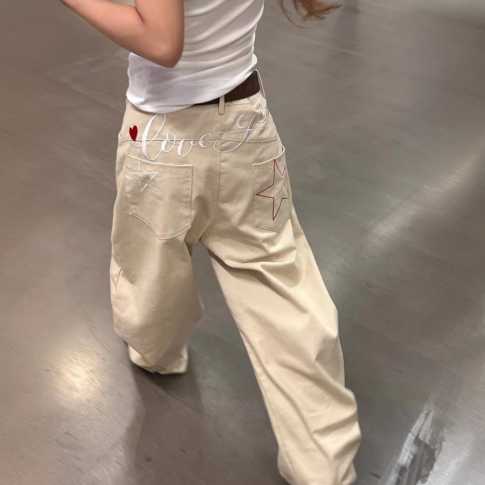 美式复古星星字母刺绣夏季新款设计感街头直筒宽松阔腿裤牛仔裤女