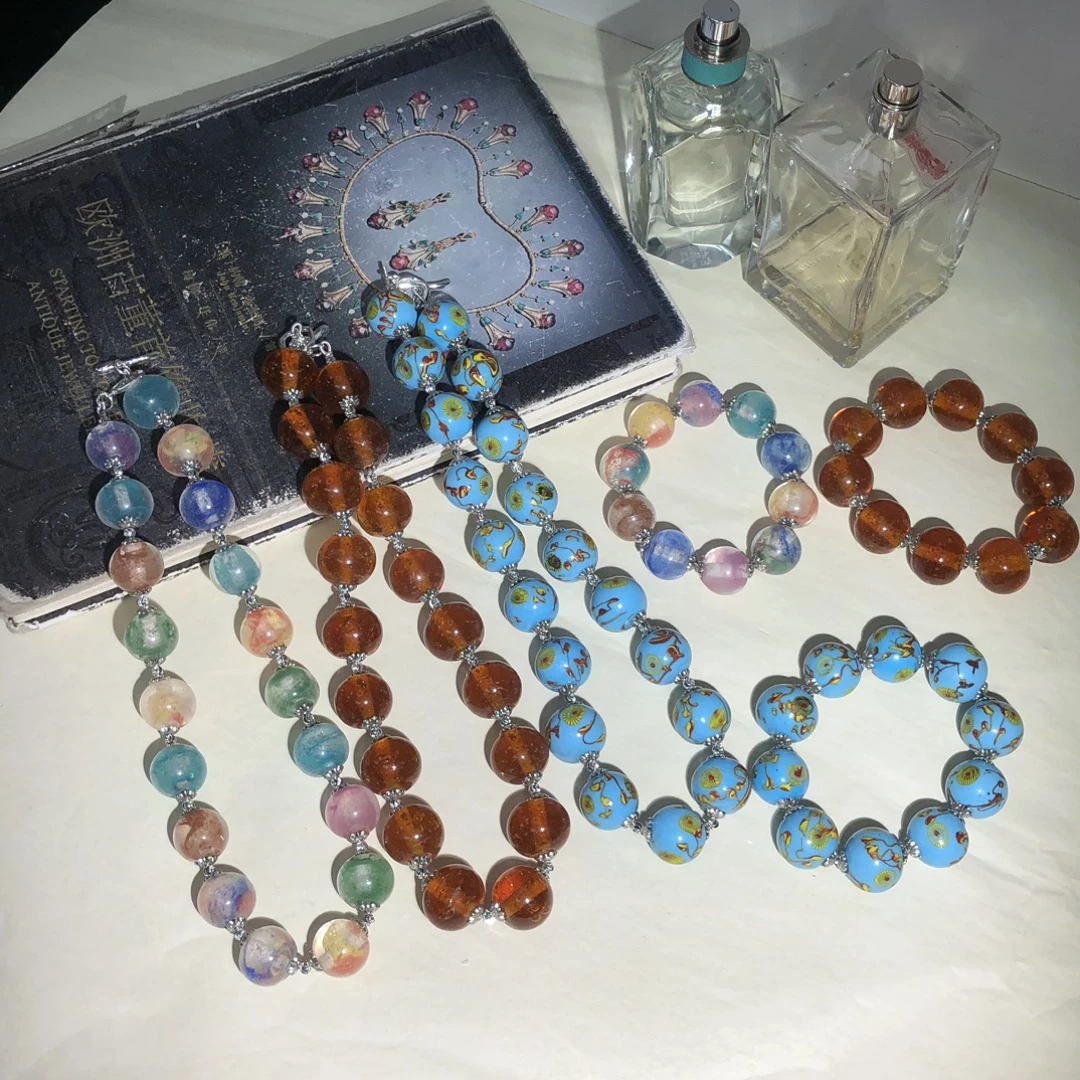 铜合金琉璃项链 多彩琉璃多宝复古时尚精致百搭款项链手链套装