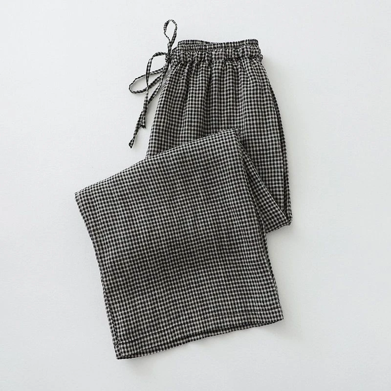 外贸日单折扣夏季薄款格子裤休闲阔腿裤亚麻显高显瘦直筒九分裤女