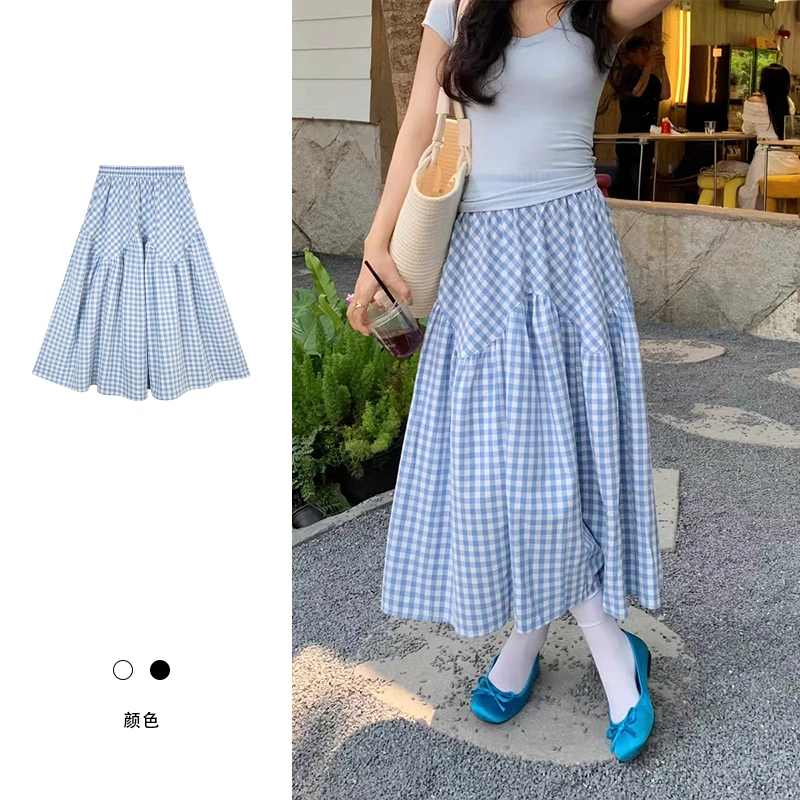 现货【复古蓝格A字半身裙女高腰显瘦伞裙 H001】