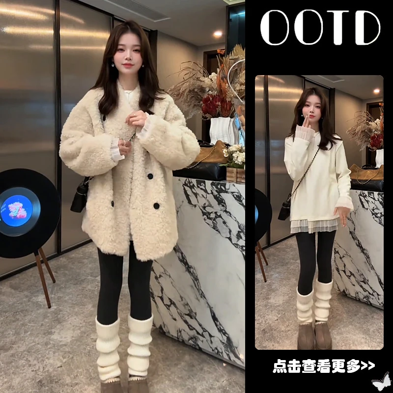 秋季流行穿搭一整套女2025新款宽松毛绒外套蕾丝衫鲨鱼裤三件套