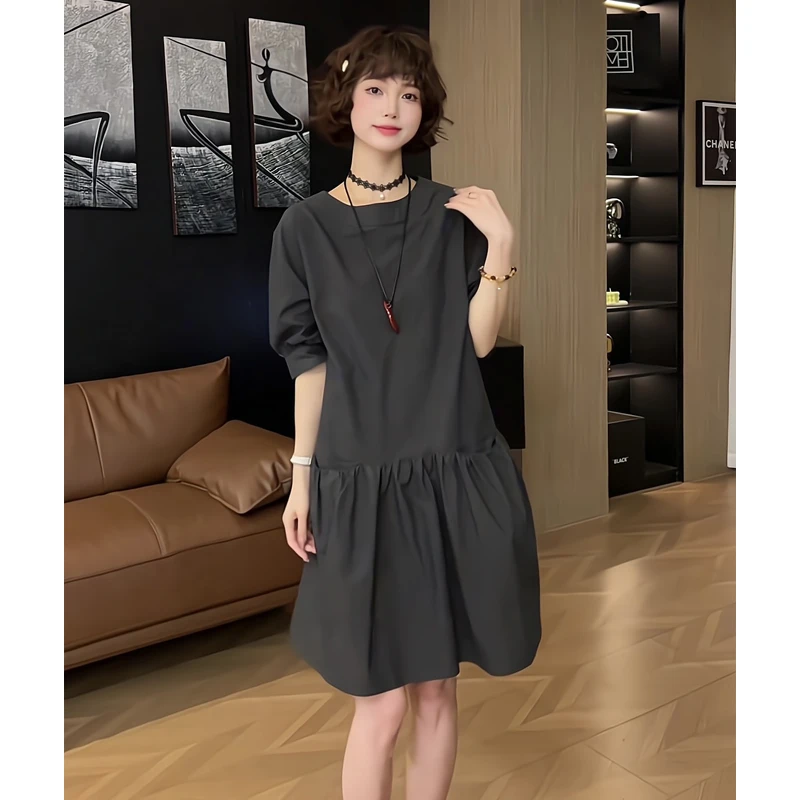 梨形身材高级感穿搭黑色连衣裙女夏季新款设计感宽松显瘦短袖中裙