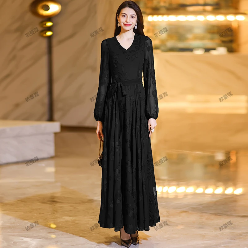 2025春季新品长袖连衣裙女收腰显瘦黑色气质大码长款过膝大摆裙子