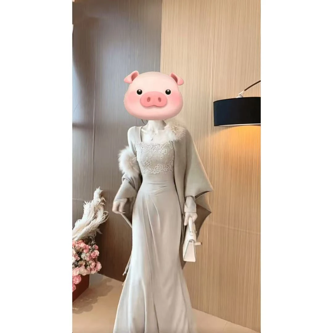 秋冬气质纯欲风德绒加厚收腰长袖连衣裙长裙