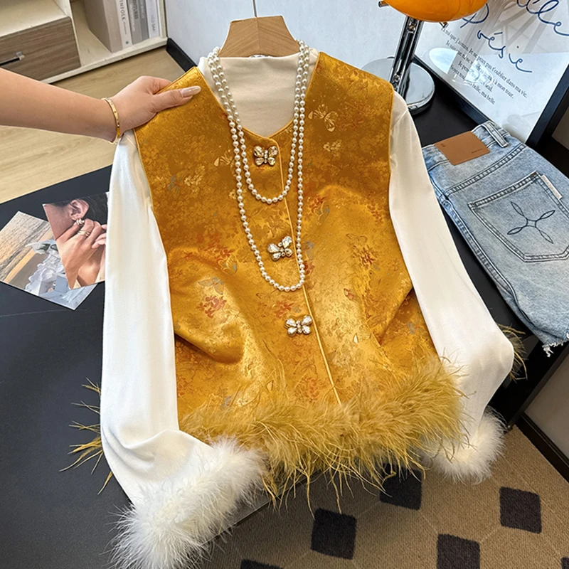 秋冬保暖夹棉坎肩新中式国风马甲背心女装提花马夹毛毛无袖外搭
