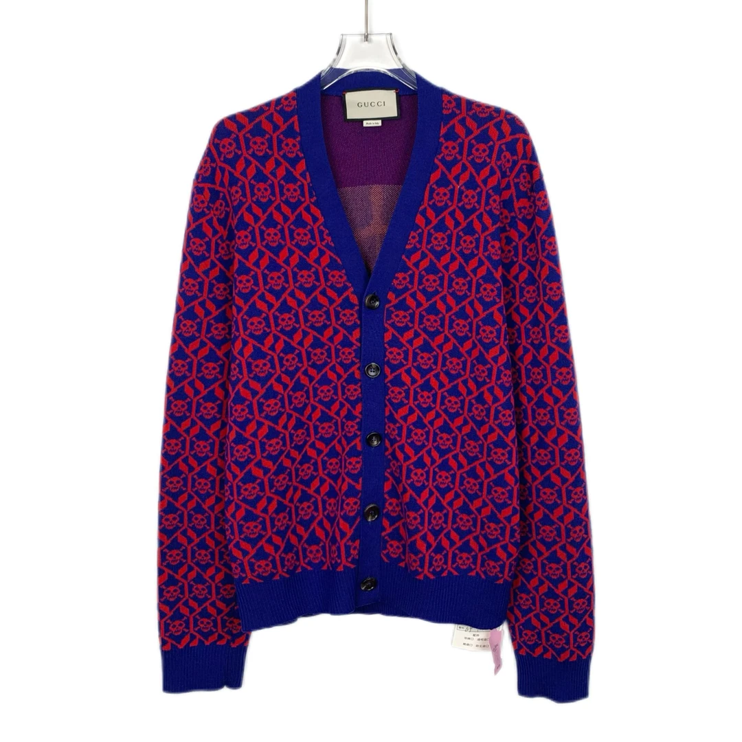 99新 GUCCI/古驰 CW0074 紫色骷髅头满印V领长袖针织开衫外套 S码
