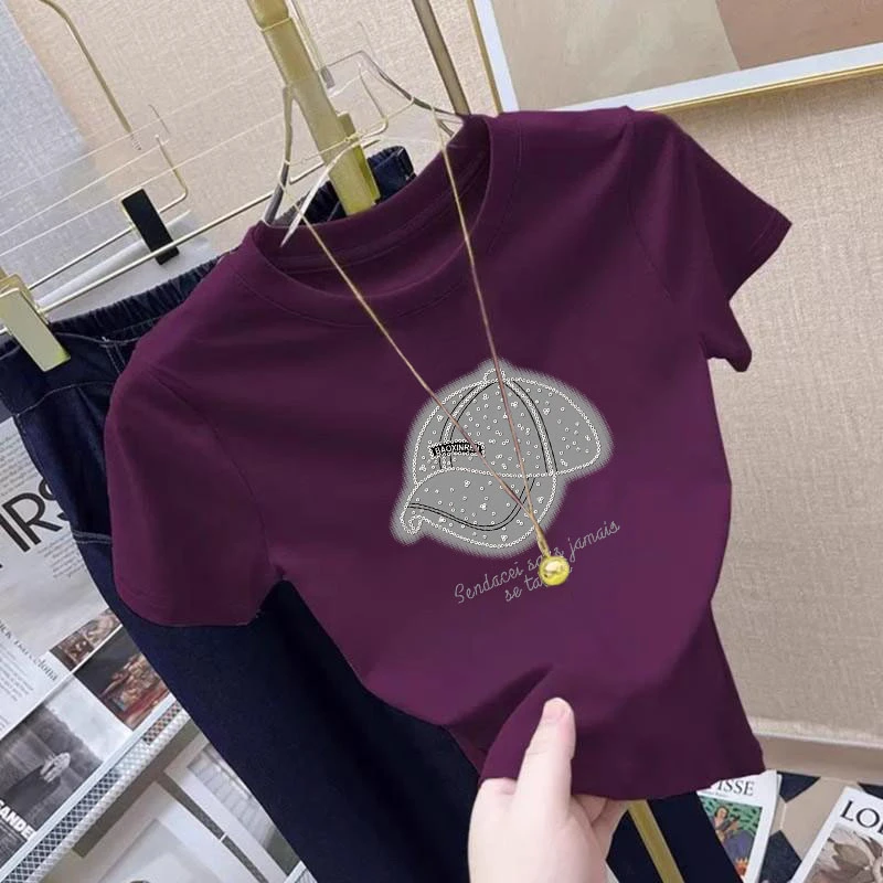 洋气设计感印花T恤衫女2025夏季短款小个子纯棉高腰圆领别致上衣