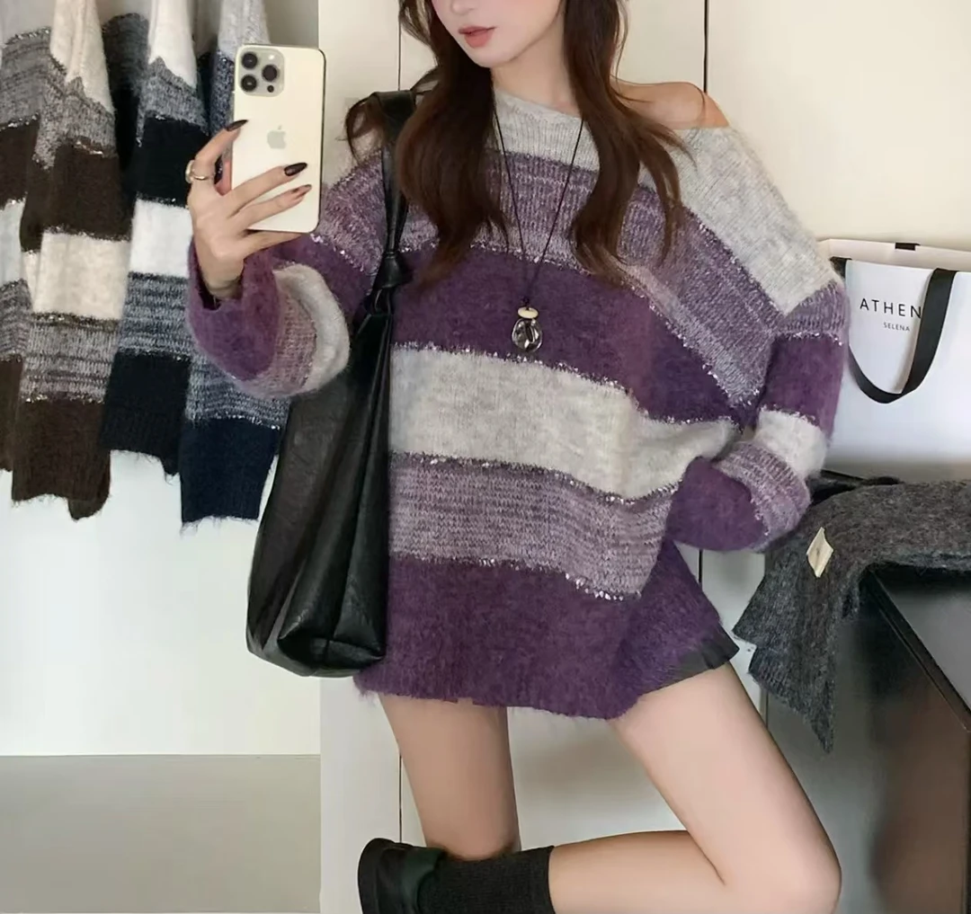 H6270 慵懒风条纹套头毛衣女 宽松中长款露肩上衣！