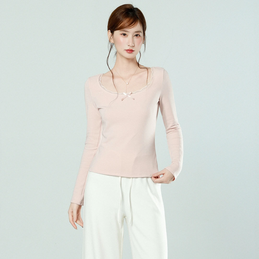 实拍2025粉色蕾丝u领打底衫磨毛长袖T恤女秋冬修身蝴蝶结内搭上衣
