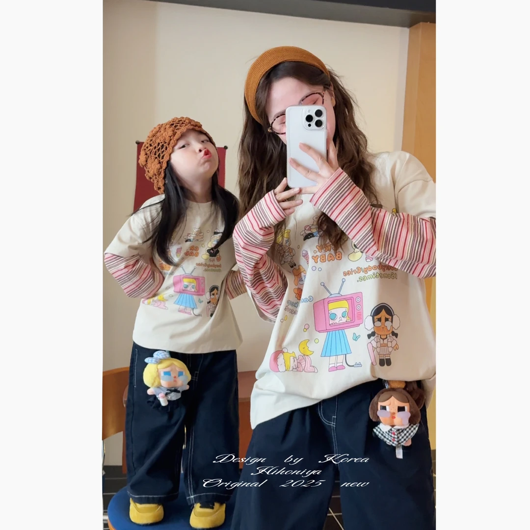 【哭娃】二Hihoniya~2025秋季亲子卡通印花条纹条纹假两件长袖T
