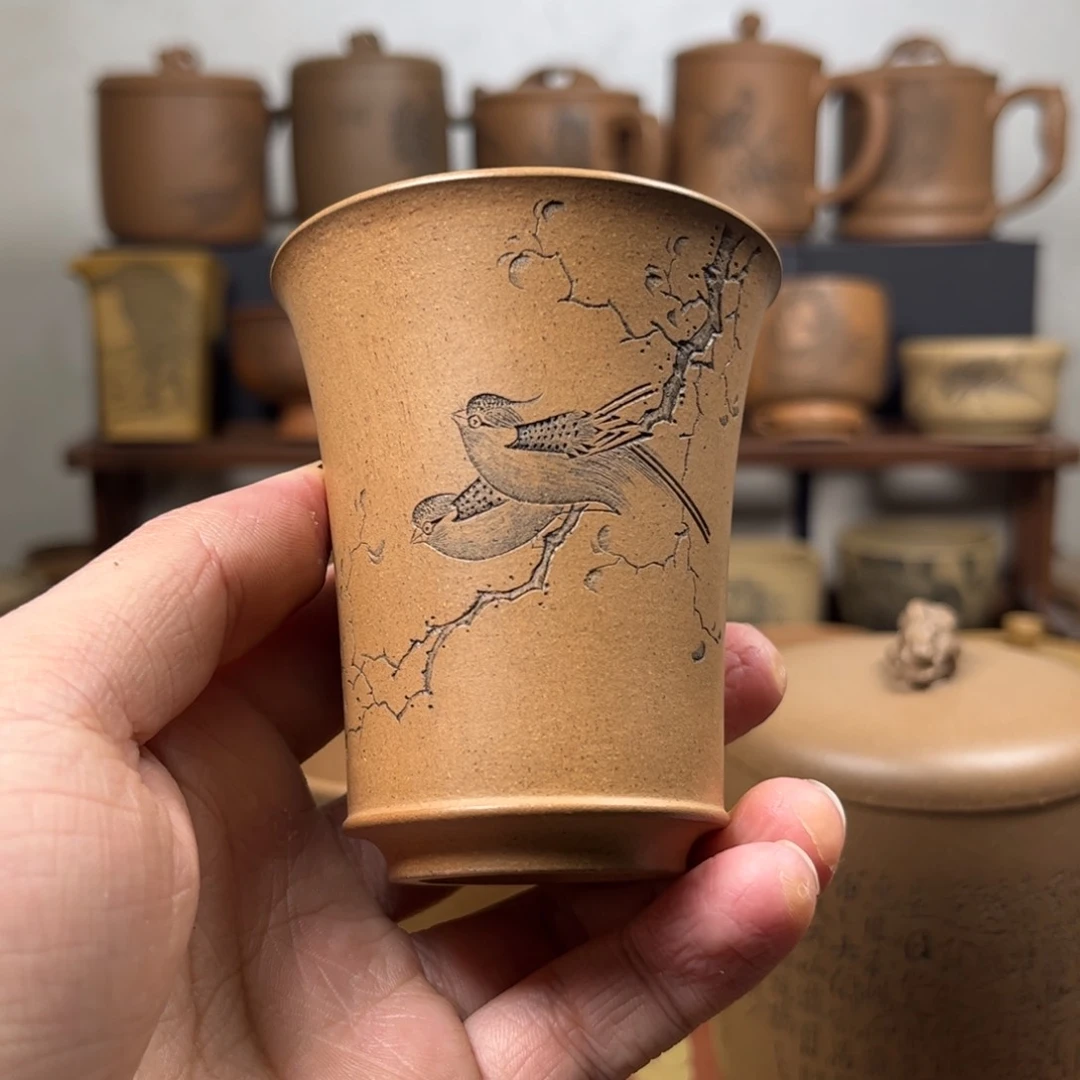 紫砂杯子y*i小鸟刻绘紫砂主人杯