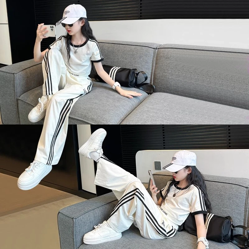 女童夏季套装2025新款洋气时髦女大童网红短袖t恤夏装儿童阔腿裤