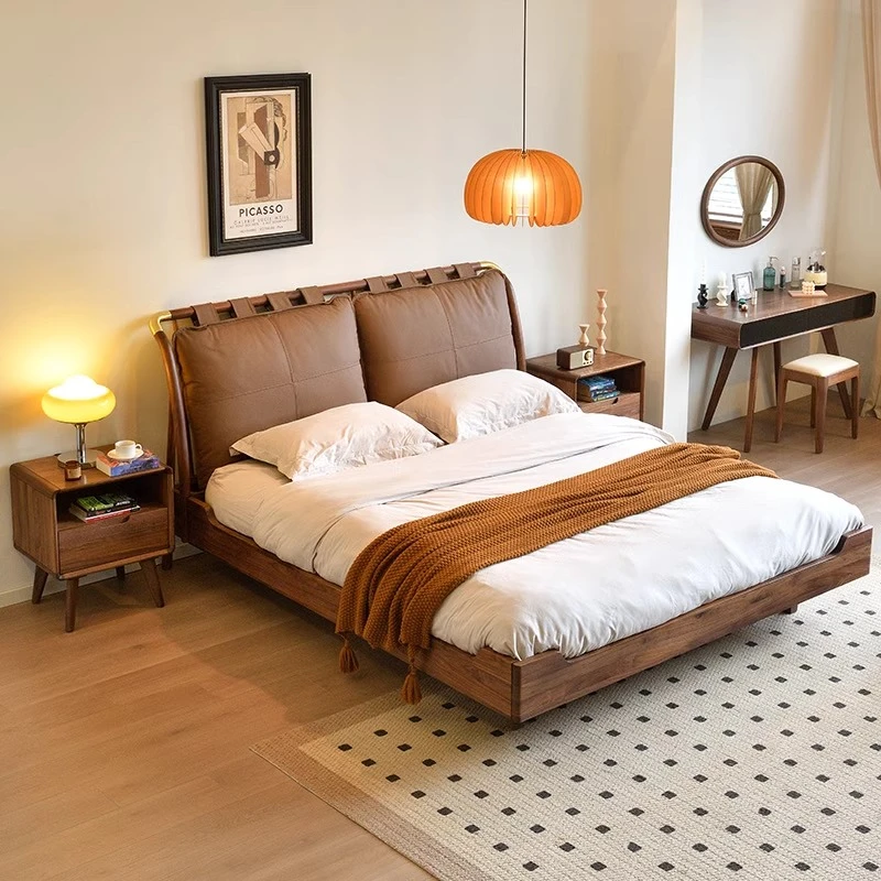 北美黑胡桃木实木床真皮软靠悬浮双人床简约实木家具主卧大床婚床