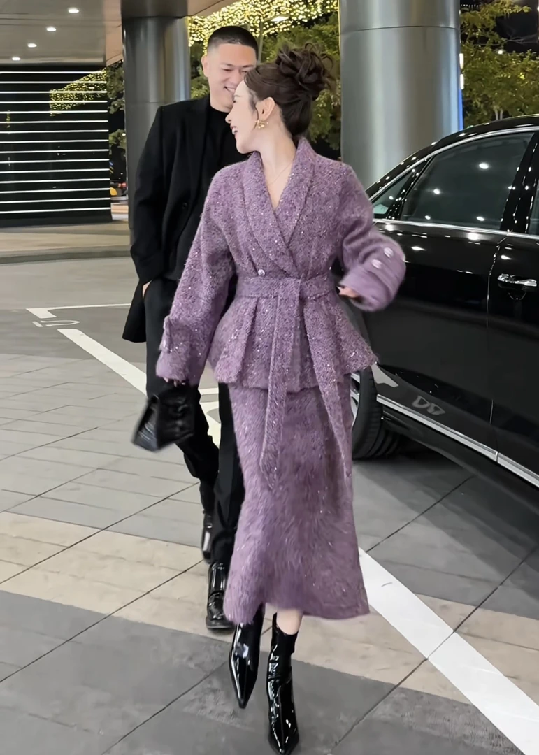 【冬装新款】DO677冬装时尚珠片细闪翻领外套+半身裙 羊毛呢套装