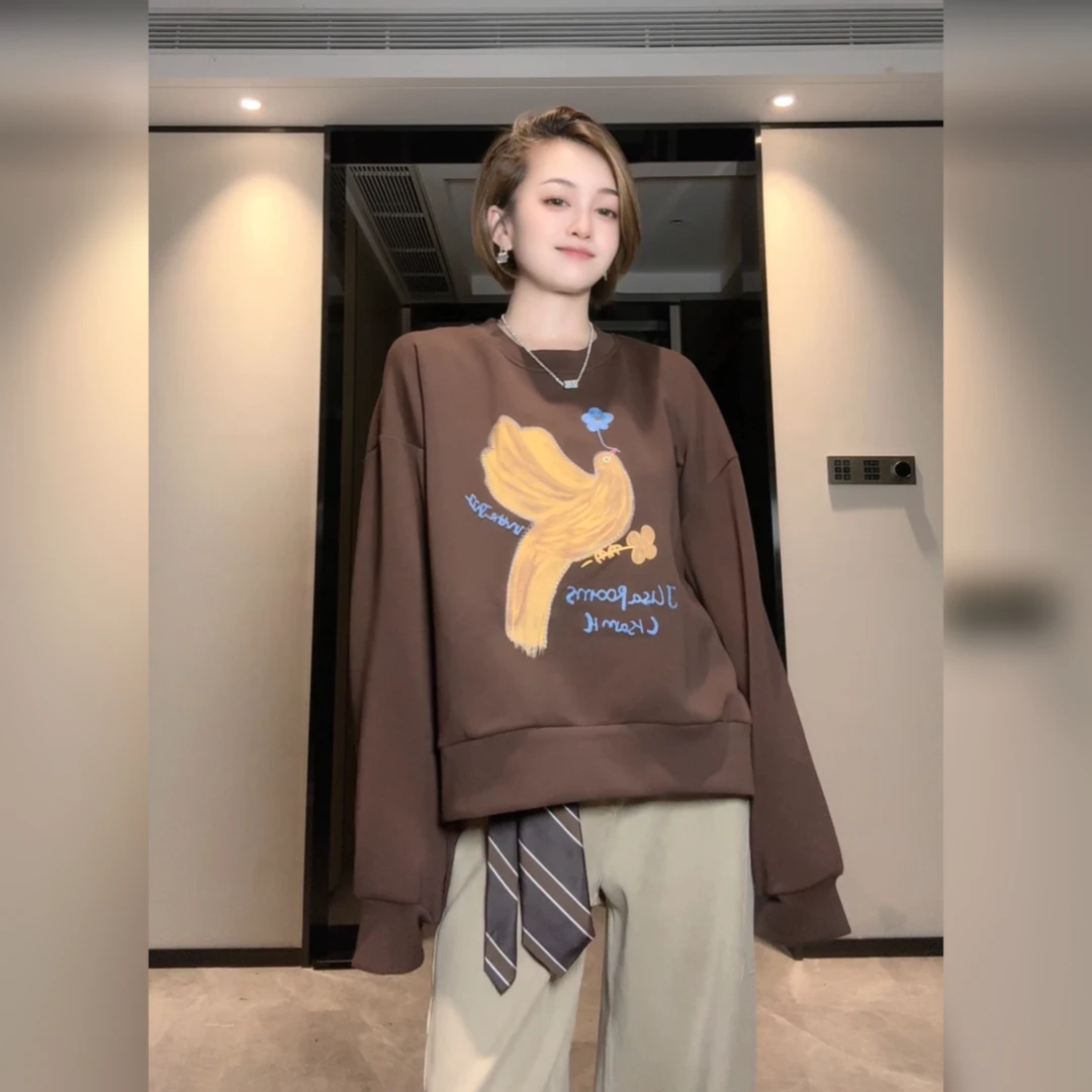 5155秋款潮牌洋气刺绣印画宽松套头圆领卫衣