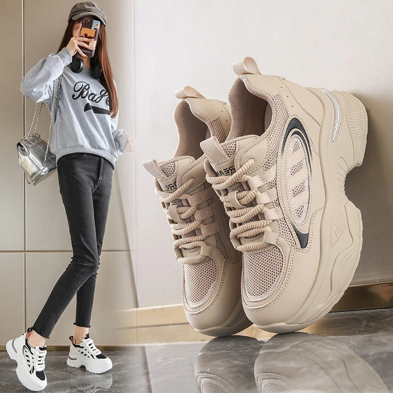 春夏2025季新款内增高老爹鞋女韩版时尚百搭7公分皮面休闲运动鞋