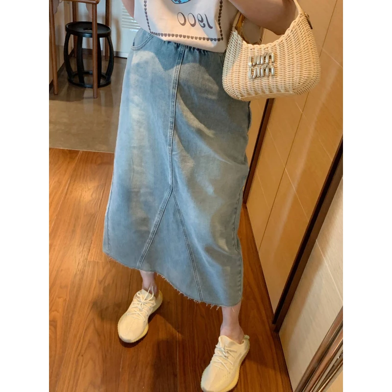 【张静芝】后开叉做旧水洗毛边牛仔半身裙