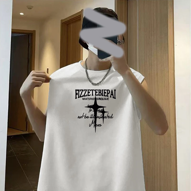 纯棉无袖运动坎肩背心透气吸汗ins夏季新款重磅白色短袖t恤印花衫