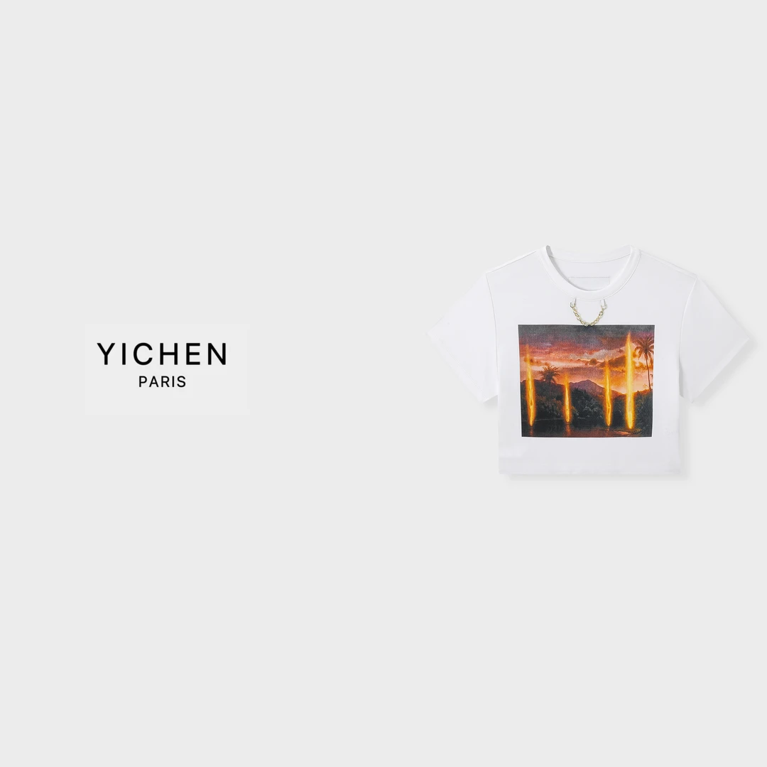 YC 金属链条装饰印图案宽松短款T恤-3400
