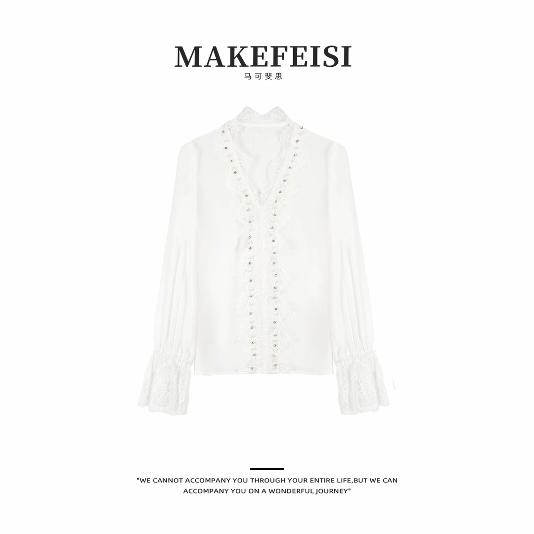 【活动专用】月光宝石盒|重工钉珠蕾丝v领衬衫SY831