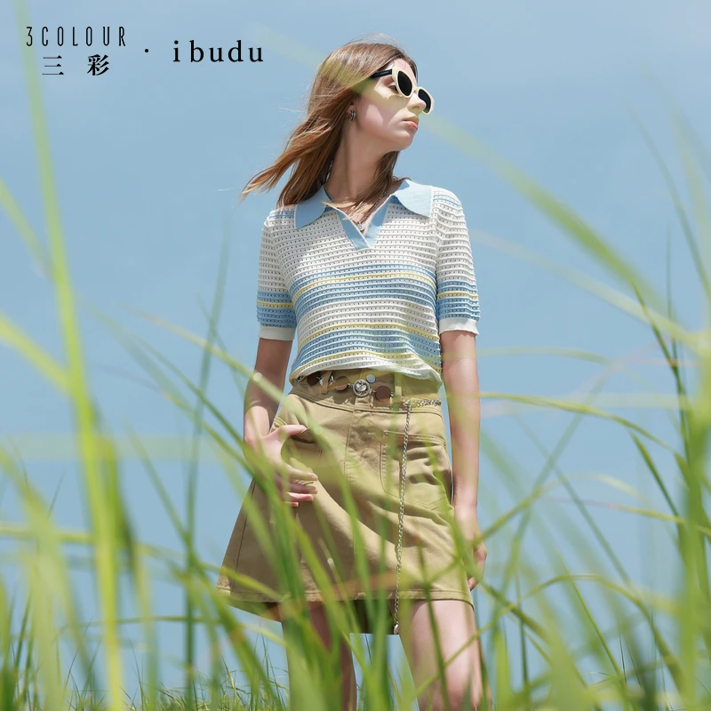 【100棉】三彩ibudu2025秋季新款镂空针织衫条纹短袖毛衫短款女