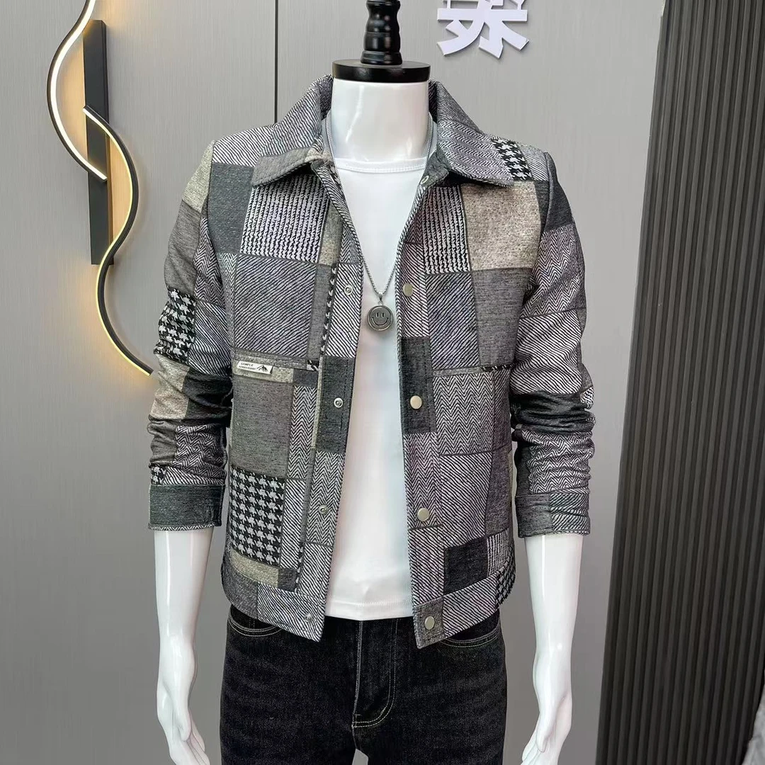 毛呢外套男春秋季2025新款高级感男士格子英伦风修身时尚潮流夹克