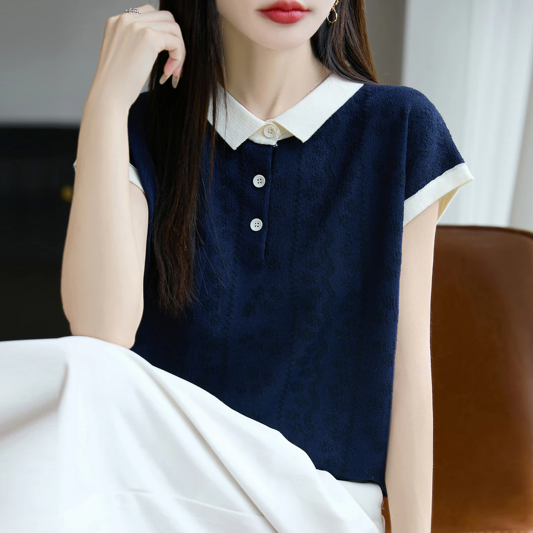 大码女装夏装微胖mm冰丝针织衫女士短袖t恤遮肚子巨显瘦翻领上衣