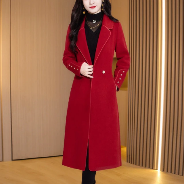 红色喜婆婆双面绒新年大衣女秋冬新款贵夫人中长款过膝外套
